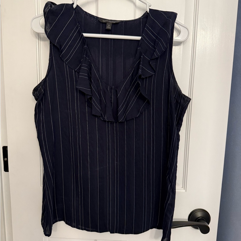 Banana Republic Dark Blue Pinstripe Ruffle Blouse
